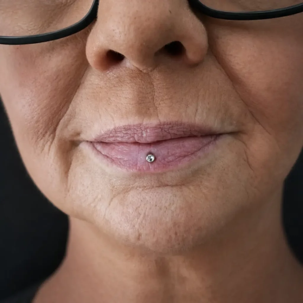 Zentrales Labret-Piercing mit silbernem Schmuckstein im P.ink Studio
