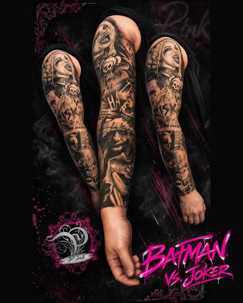 Batman-vs-Joker-Tattoo-Sleeve mit mehreren Ansichten des tätowierten Arms