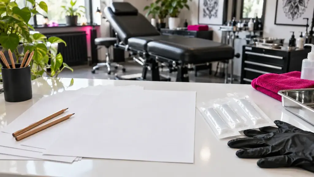 Cover up Tattoo planen: helle Arbeitsfläche mit Skizzenpapier und Handschuhen im Tattoostudio